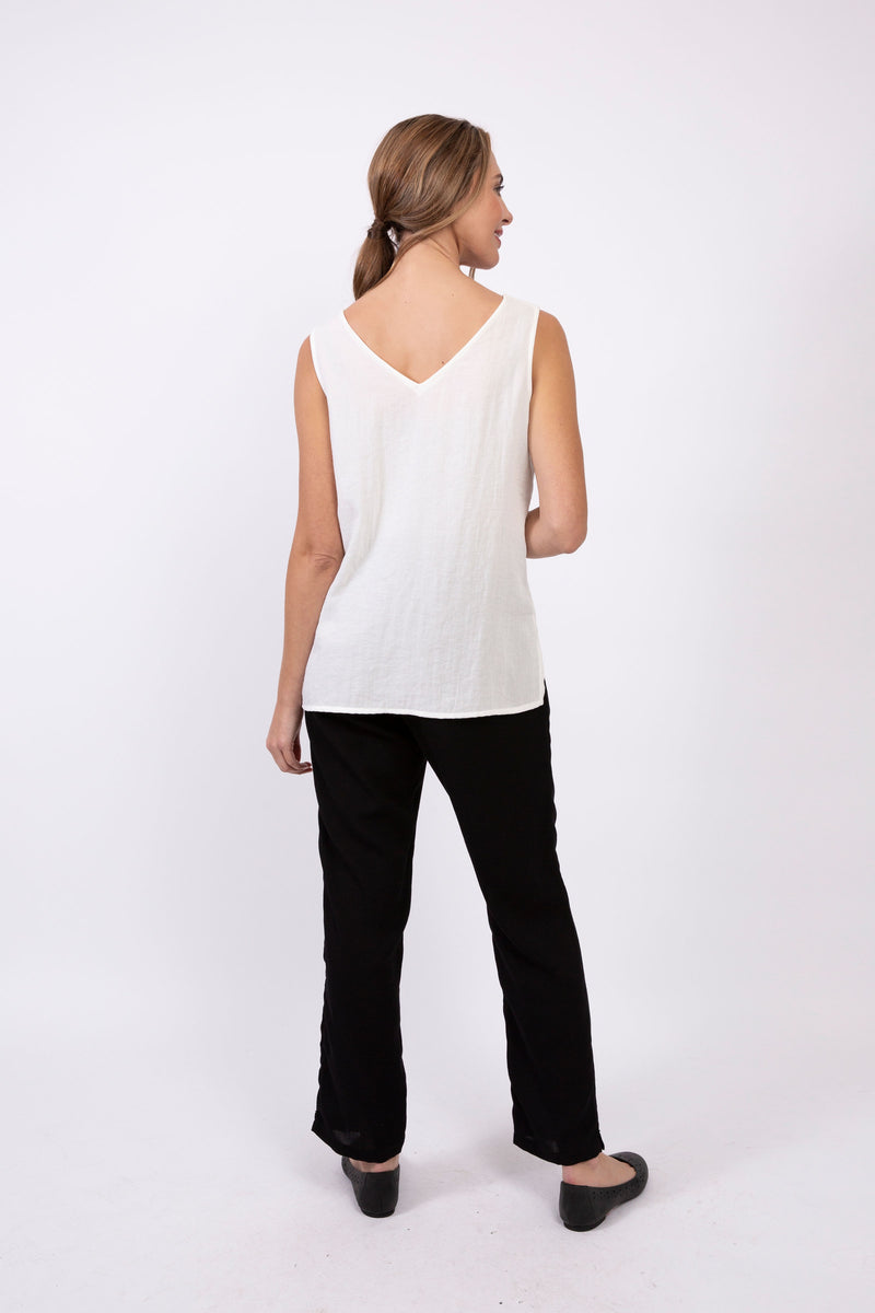 V Neck Linen Tank Top - White