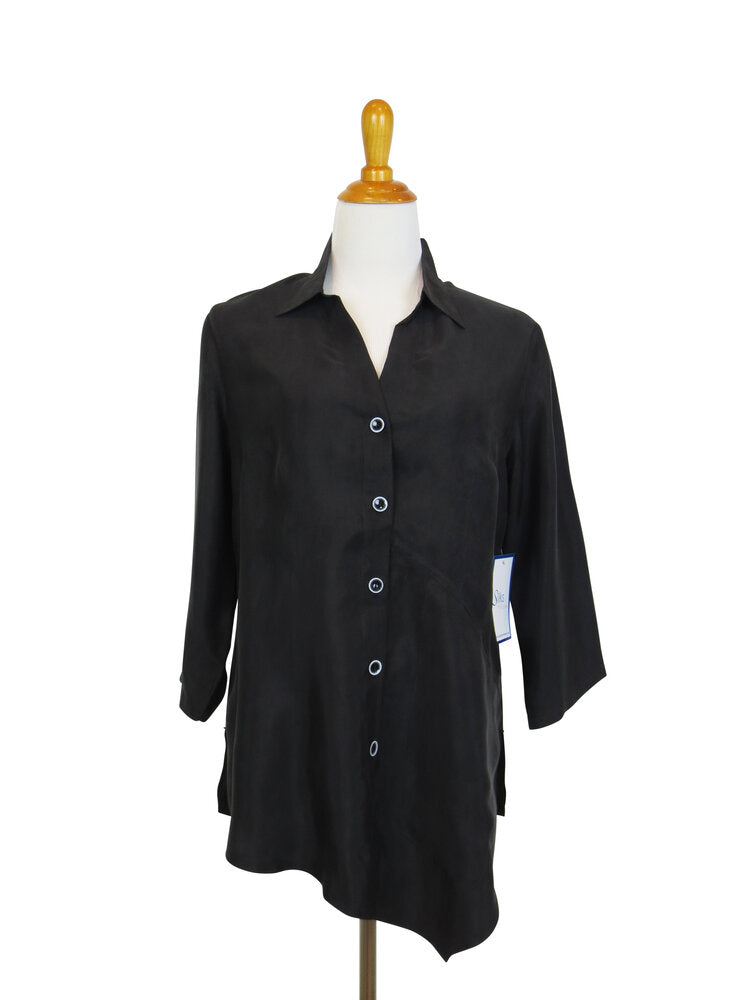 SF21 - Silk by Fridaze - Asymmetrical Silk Top with Flip Down Collar